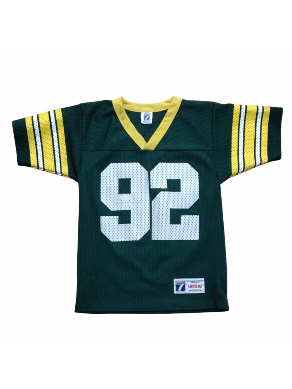 Vintage Logo 7 Boys Medium Green Yellow Football Jersey USA Made Number 92